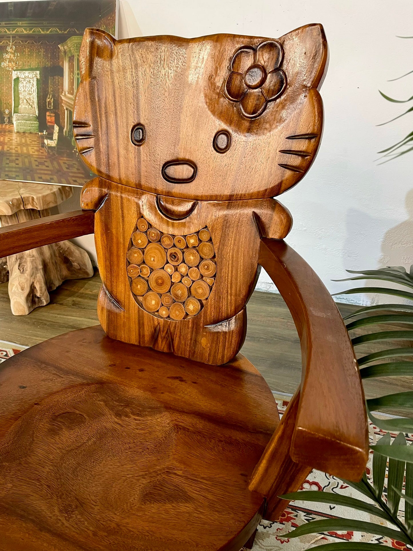 Solid Wood Cat Armchair with Carved Backrest, Walnut Brown