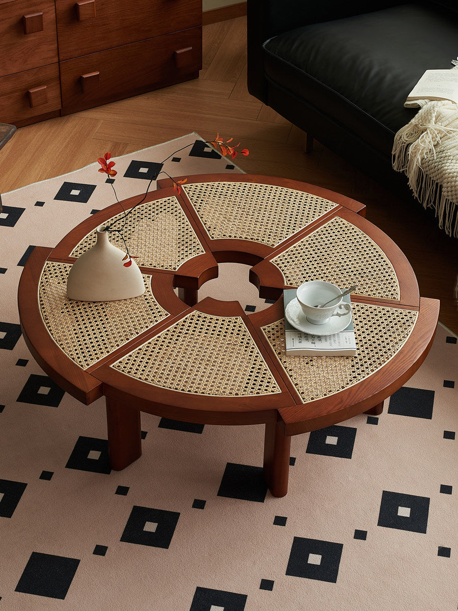 Walnut Solid Wood and Rattan Round Coffee Table for Living Room