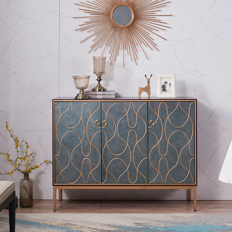Modern 3-Door Accent Cabinet, Gray Sideboard with Abstract Gold Line Design, Ring Pulls and Tapered Legs, Entryway Shoe Storage Credenza for Living Room, Foyer or Dining Room