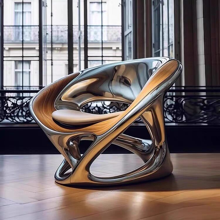 Sculptural Fiberglass Lounge Chair with Matching Side Table, Chrome and Wood Tone Modern Accent Chair Set for Living Room, Bedroom, Office, Hotel Lobby and Luxury Home Decor
