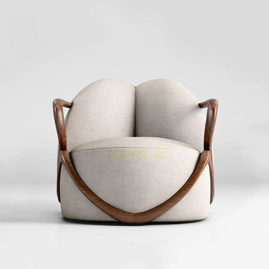 Beige Upholstered Accent Chair with Curved Wood Frame for Living Room