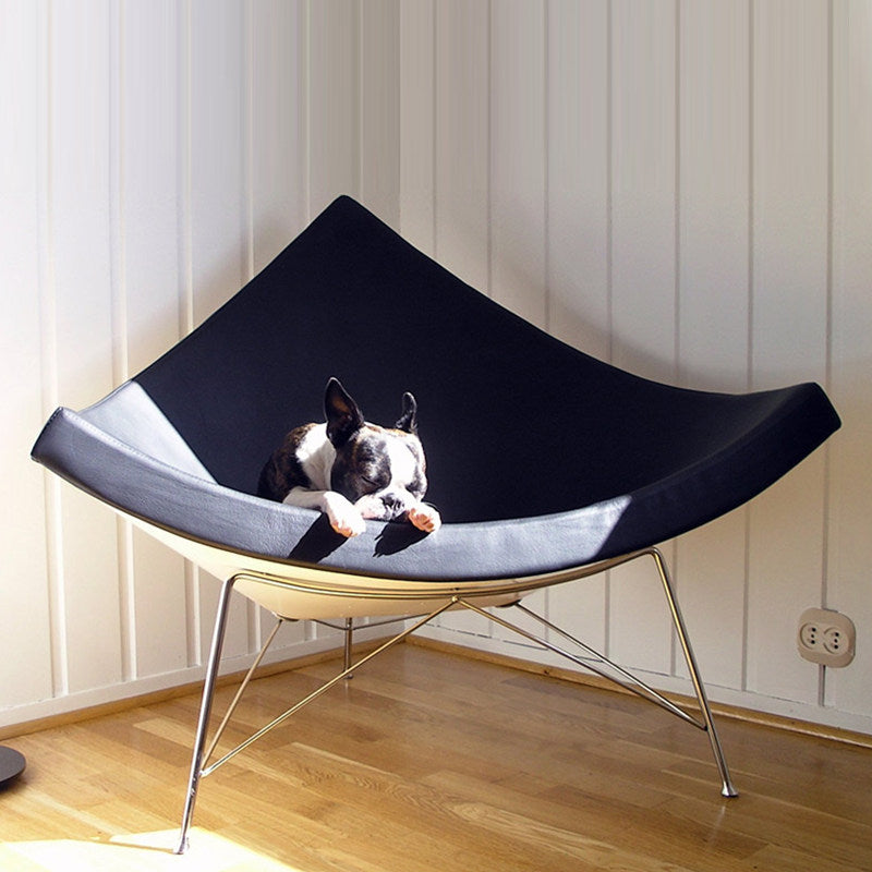 Black Faux Leather Sculptural Lounge Chair, Triangular Fiberglass Shell Accent Armchair with White Outer Back and Chrome Steel Frame for Living Room, Bedroom, Office and Reading Nook