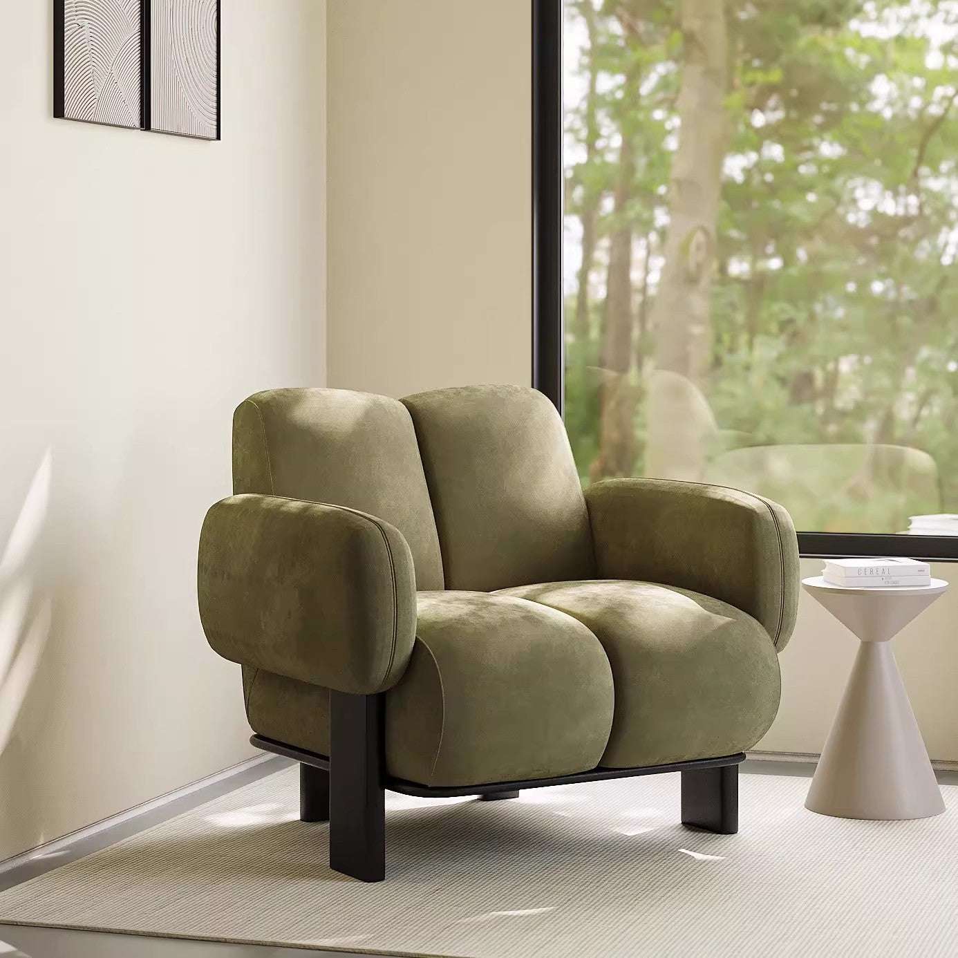 Olive Green Chenille Accent Chair with Padded Arms and Steel Frame