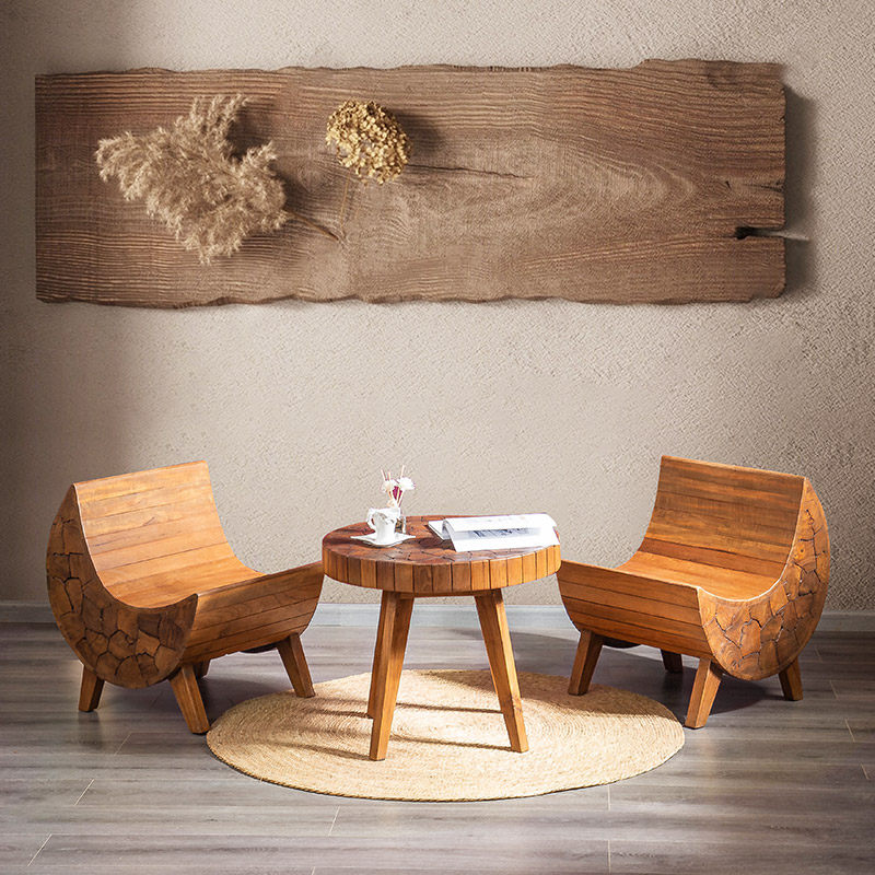 3 Piece Solid Wood Lounge Chair and Round Coffee Table Set, Rustic Small Space Living Room Sofa Set with Sculptural Wood Grain Design, Accent Chair Set for Balcony, Hotel, Club, Tea Room, and Apartment Decor