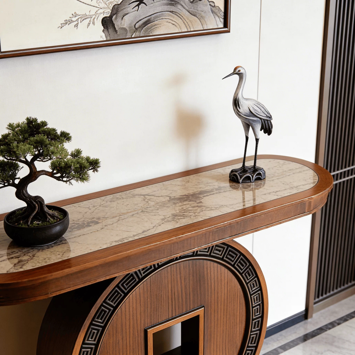 Solid Ash Wood Entryway Console Table, Round Coin-Inspired Pedestal Base, Walnut Finish Narrow Hallway Console Table, Modern Accent Sofa Table for Entryway, Foyer, Living Room &amp; Hallway