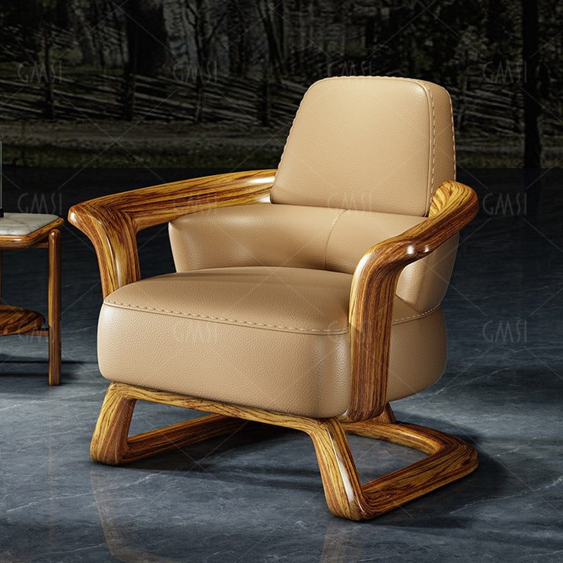 Genuine Leather Lounge Chair, Solid Wenge Wood Accent Armchair for Living Room, Office, Reading &amp; Reception