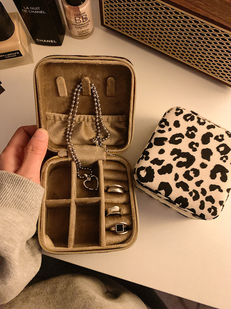 Set of 2 Leopard and Cow Print Travel Jewelry Boxes with Ring Slots