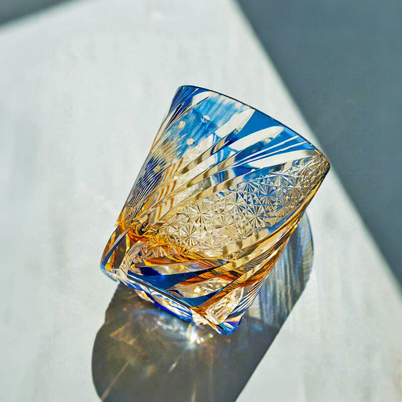 Blue Amber Cut Glass Whiskey Tumbler, Decorative Crystal Style Rocks Glass with Gift Box, Luxury Old Fashioned Glass for Bourbon, Cocktails, Water, Bar Cart, Home Bar Gift
