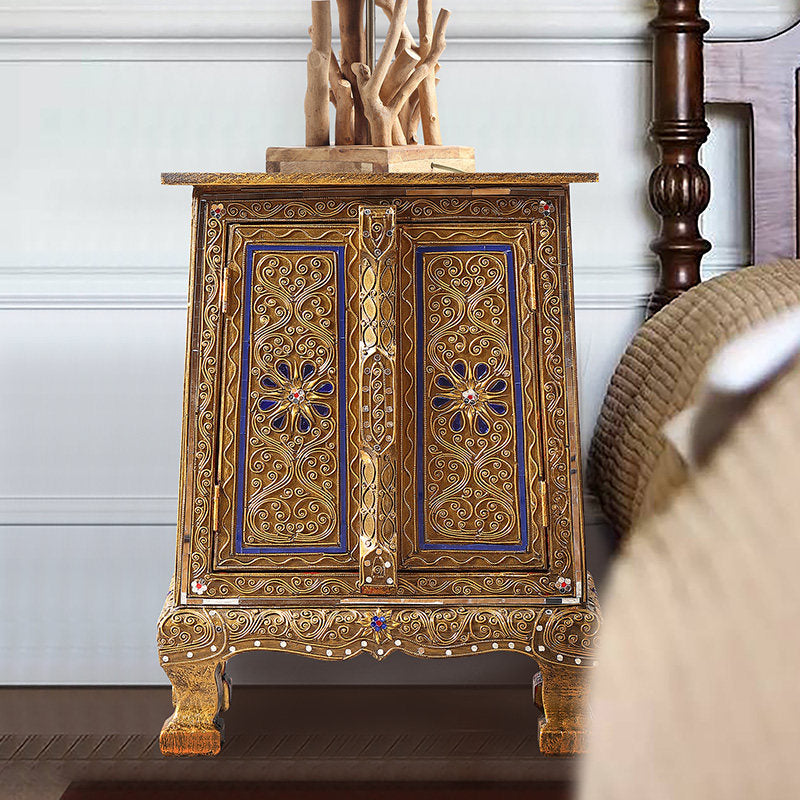Ornate Gold Bedside Cabinet with Double Doors and Solid Wood Frame