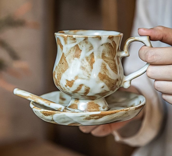 Vintage Stoneware Coffee Mug Set with Saucer and Spoon, 12 oz Rustic Ceramic Latte Cup for Espresso, Cappuccino, Tea, Hot Chocolate and Everyday Use