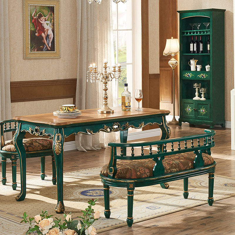 Solid Wood Dining Set with Table, 2 Chairs and Upholstered Bench, Green