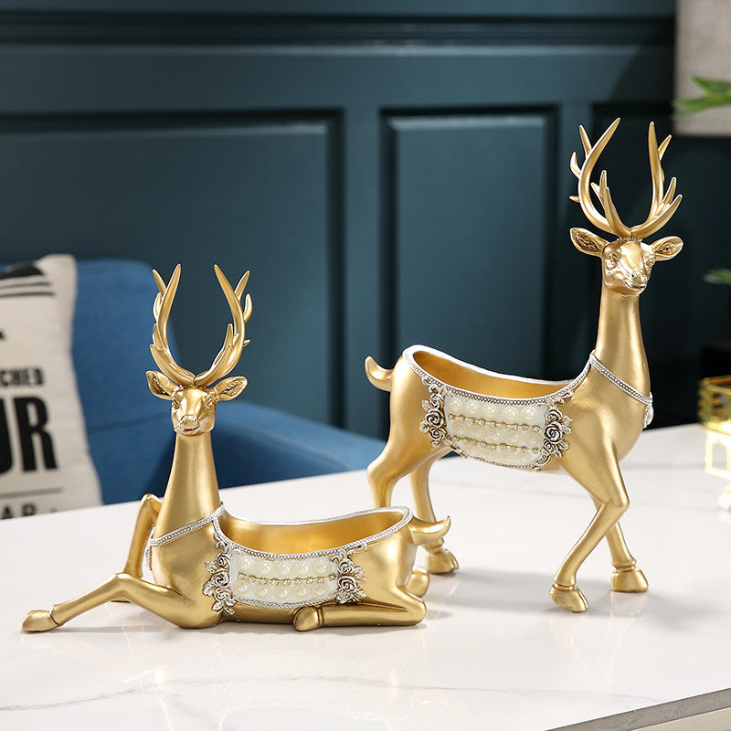 Gold Deer Key Holder Bowl with Antlers, Resin Entryway Organizer