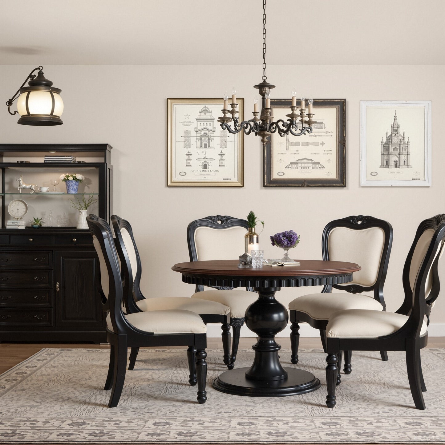 Round Pine Wood Dining Table, Vintage Style Pedestal Kitchen Table with Brown Top and Black Base, Small Space Breakfast Table for Dining Room, Apartment, Cafe, Living Room