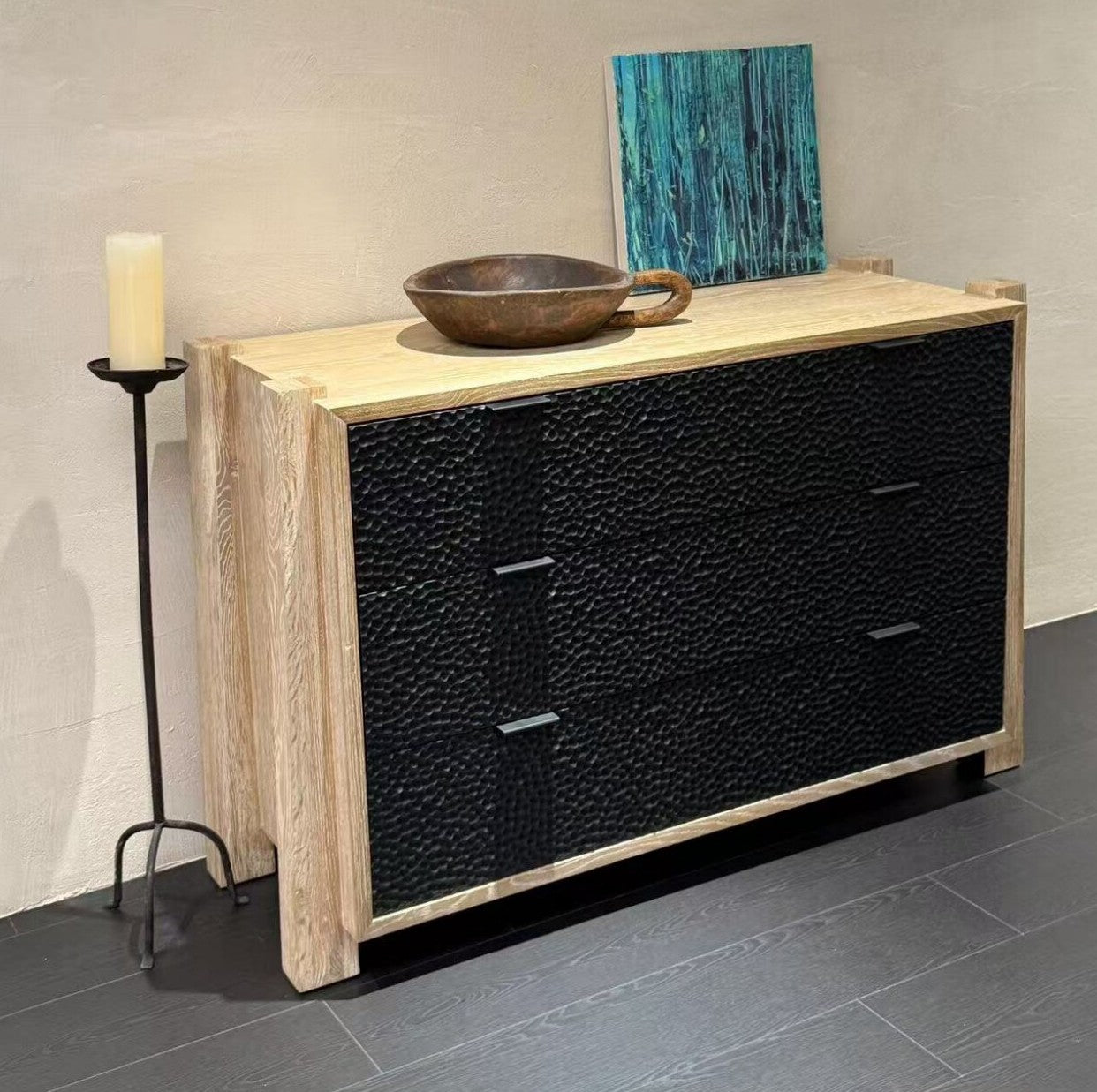 Black Hammered Texture Sideboard Cabinet, Solid Wood Buffet Credenza with Natural Wood Frame, Modern Rustic Storage Cabinet for Living Room, Dining Room and Entryway
