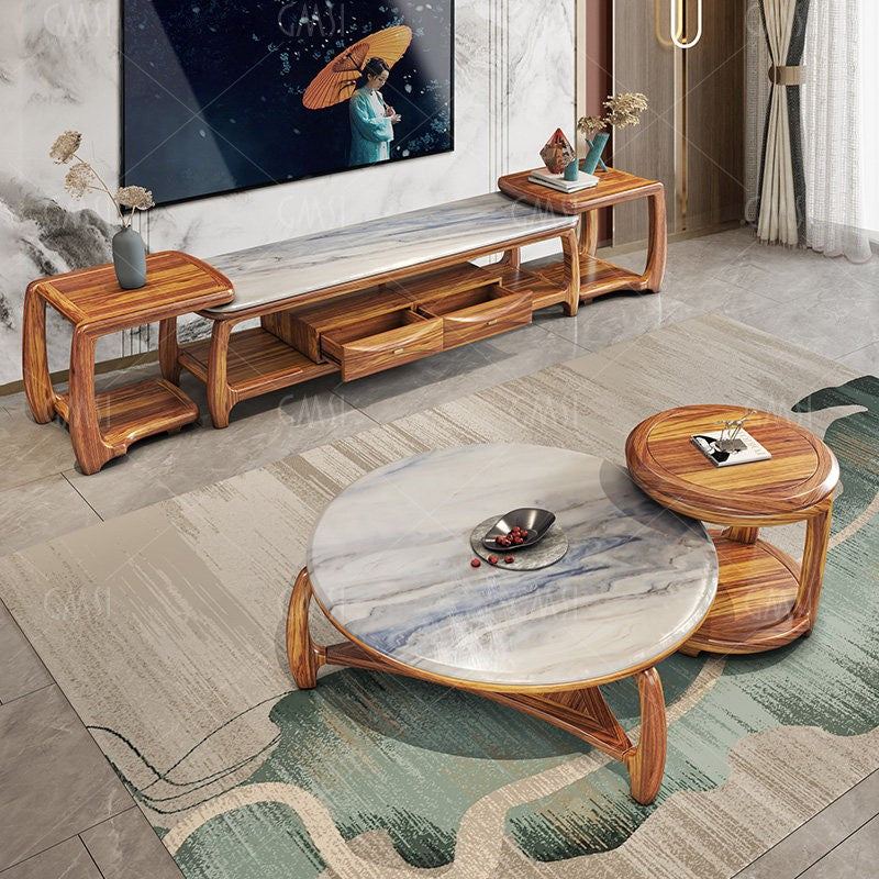 Wenge Wood Round Coffee and Side Table Set with Marble Top