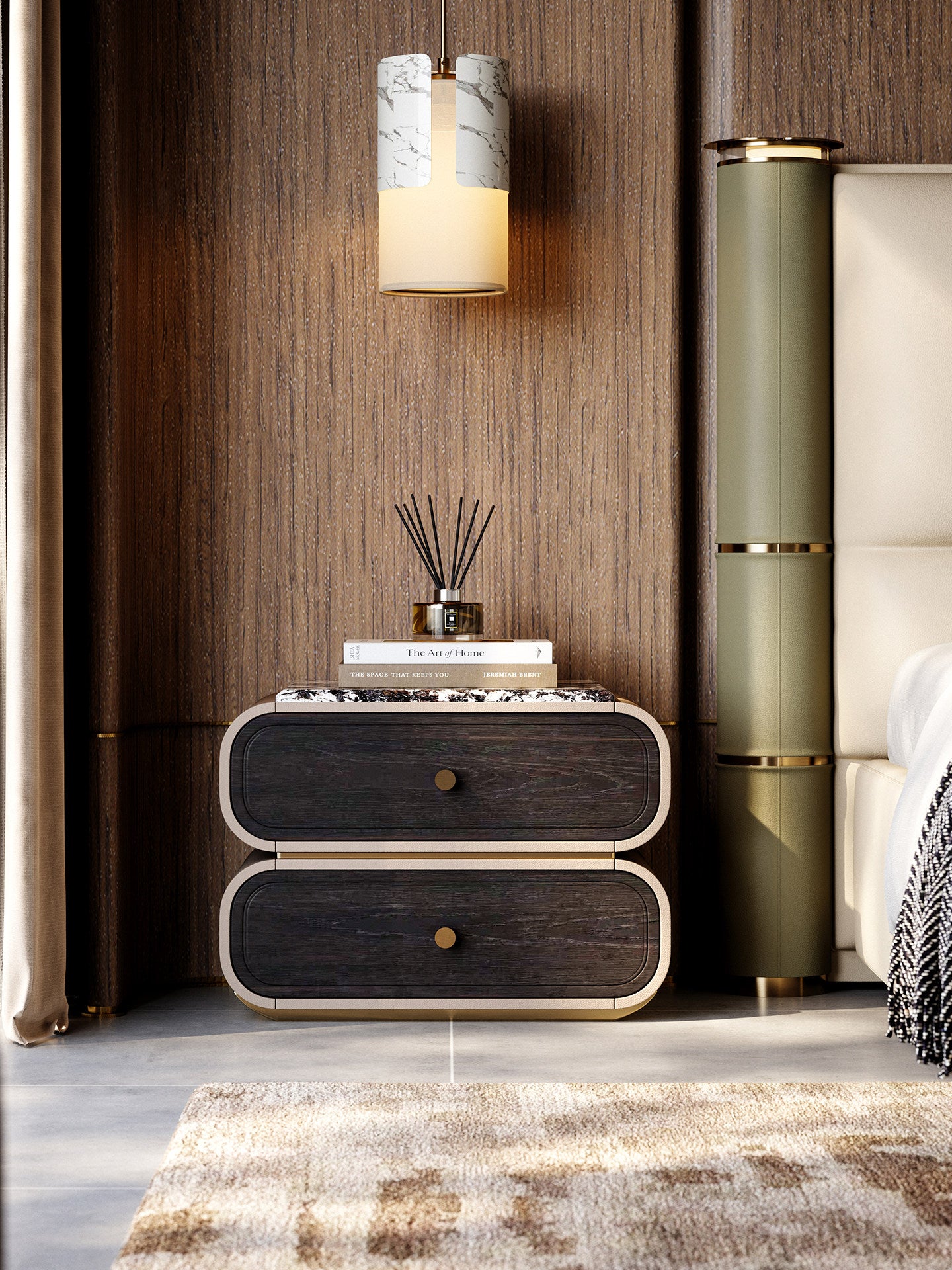 Modern Luxury Nightstand with Natural Stone Top, 2 Drawer Bedside Table in Smoked White Oak Finish, Rounded Bedroom End Table with Bronze Accents for Master Bedroom