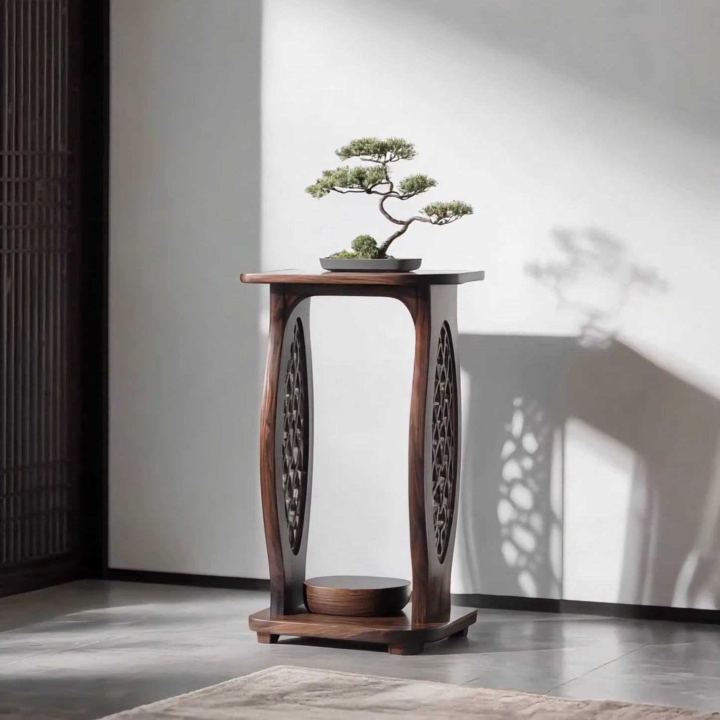Solid Black Walnut End Table, Round Accent Side Table with Openwork Carved Base, Modern Wooden Sofa Side Table for Living Room, Bedroom, Reading Nook &amp; Small Spaces