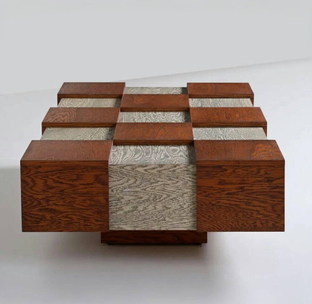 Multi Tone Block Wood Coffee Table, Rectangular Solid Wood Center Table with Geometric Raised Cube Pattern, Modern Rustic Accent Table for Living Room, Lounge and Reception Area
