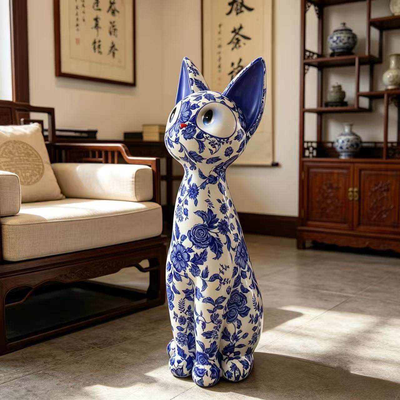 Blue and White Cat Floor Statue, Porcelain Style Decorative Animal Sculpture for Living Room, Entryway, TV Stand, Sofa Side and Home Décor Gift
