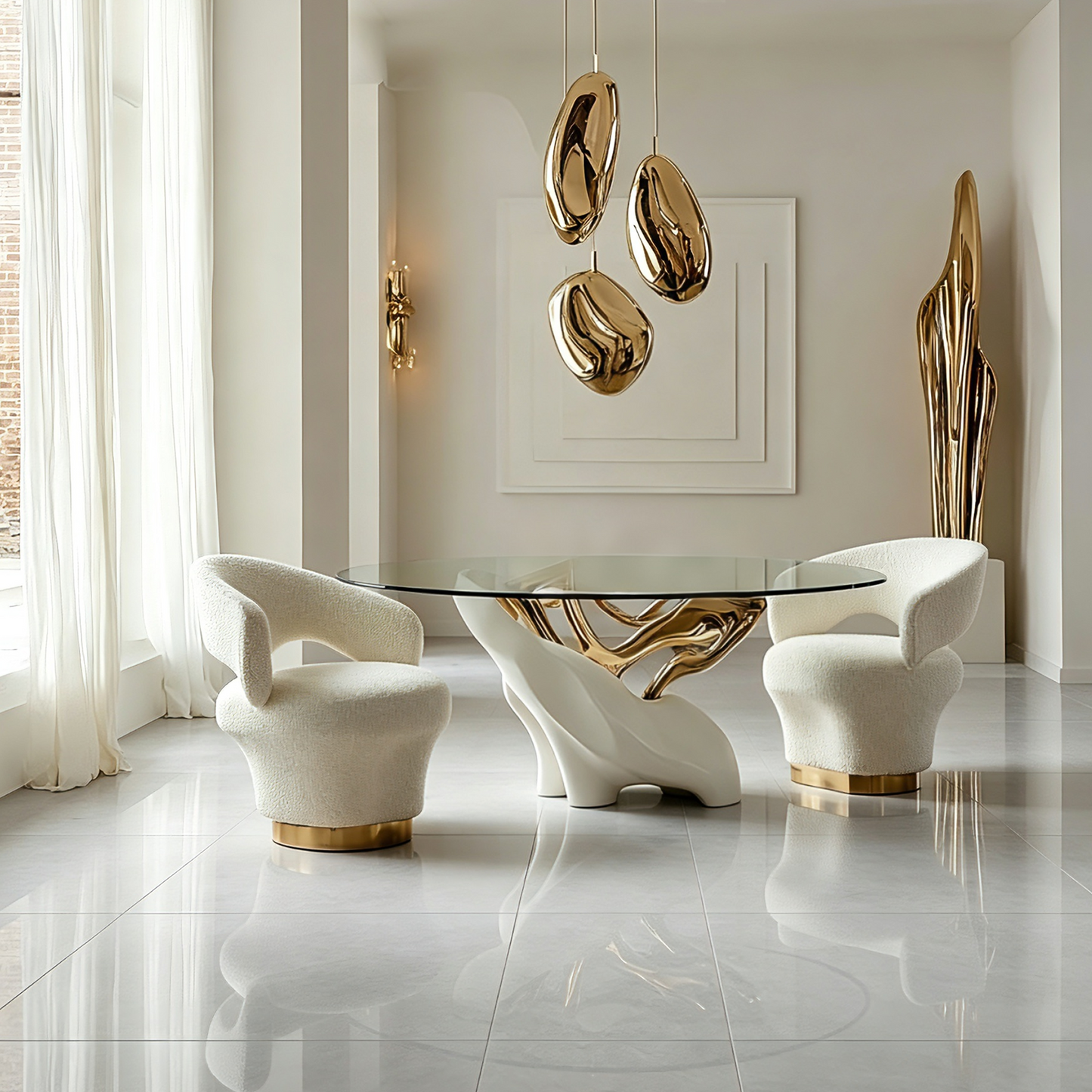 Round Glass Dining Table, Luxury Modern Dining Room Table with Sculptural White and Gold Base, Artistic Glass Top Kitchen Table for Dining Room, Villa, Apartment, Breakfast Area