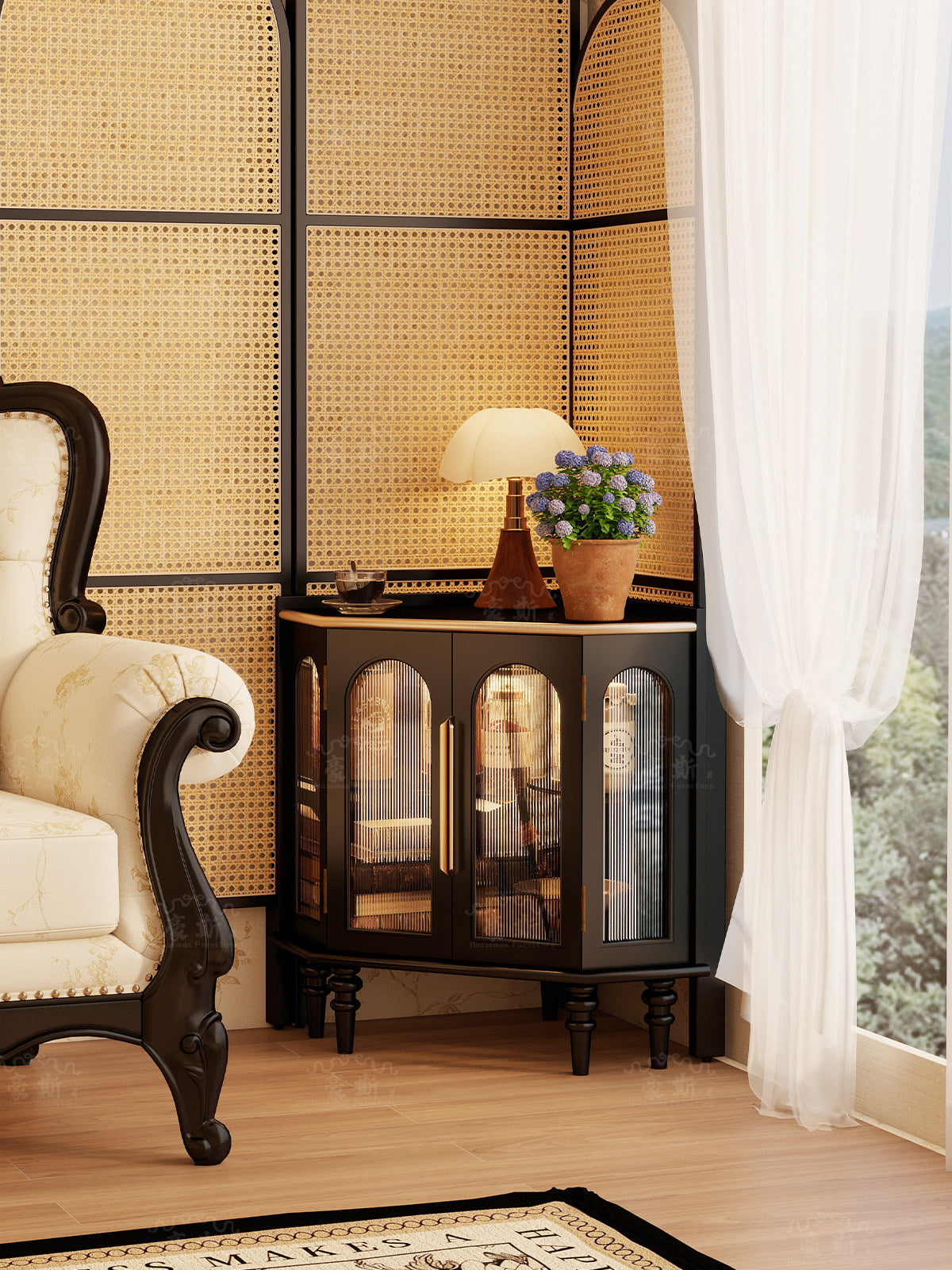 Black Corner Storage Cabinet with Fluted Glass Doors, Solid Wood Frame