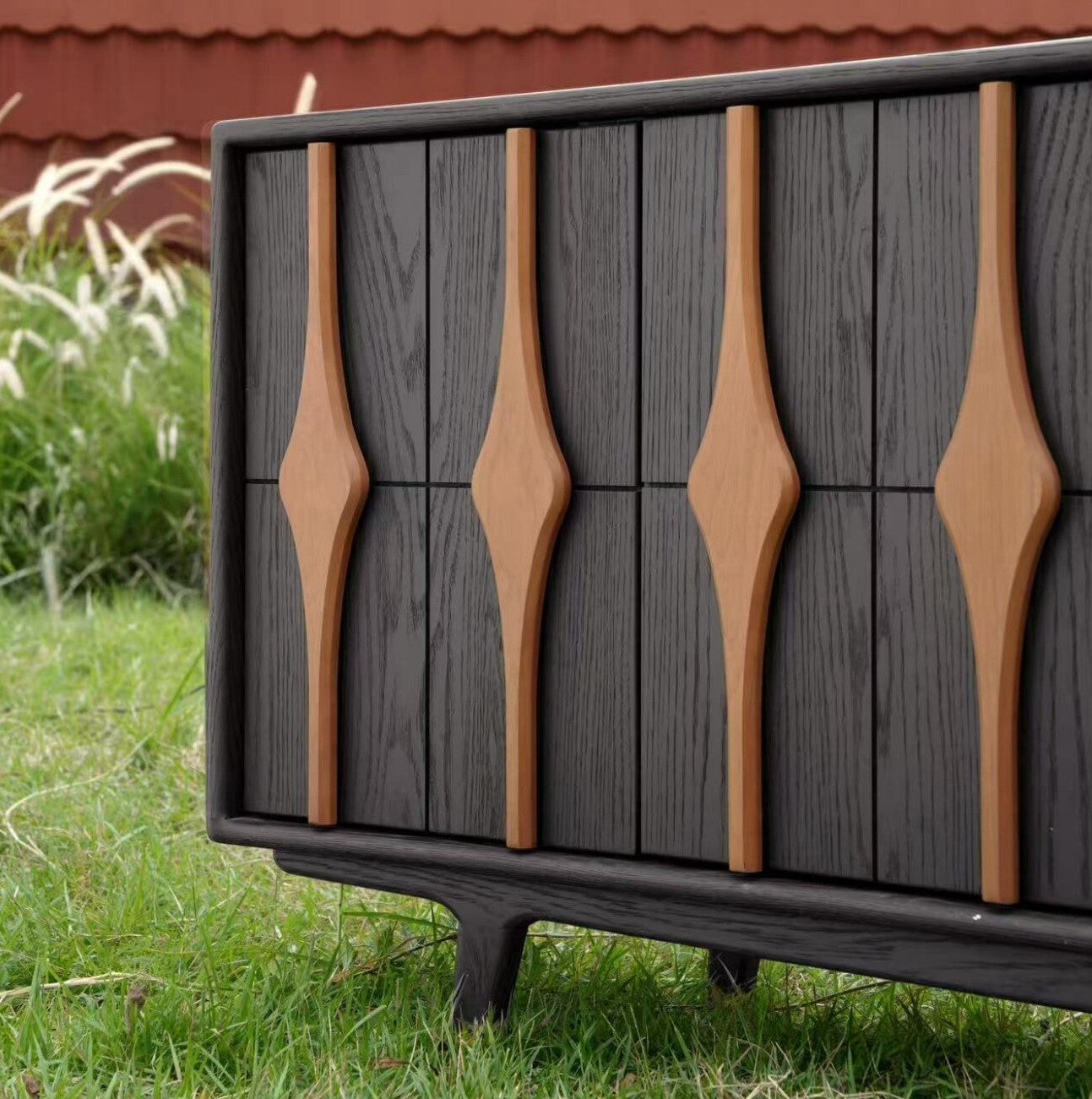 Black and Natural Wood Sideboard Cabinet, Modern Solid Wood Buffet Credenza with Vertical Accent Door Fronts, Dining Room Storage Cabinet for Living Room, Entryway and Hallway