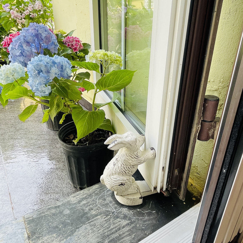 Cast Iron Rabbit Door Stop, Distressed White Indoor Outdoor Decor