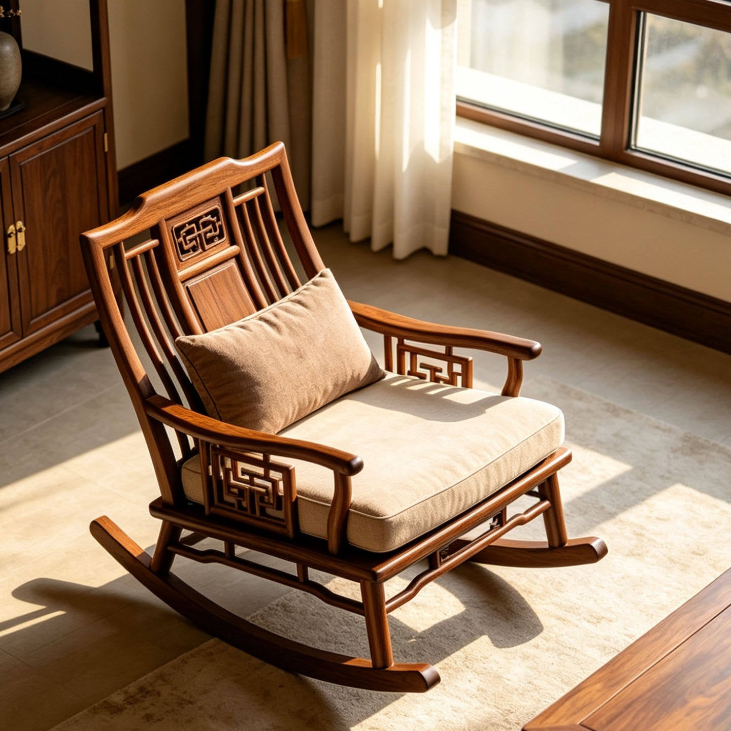 Solid Ash Wood Rocking Chair with Cushions, Walnut Finish