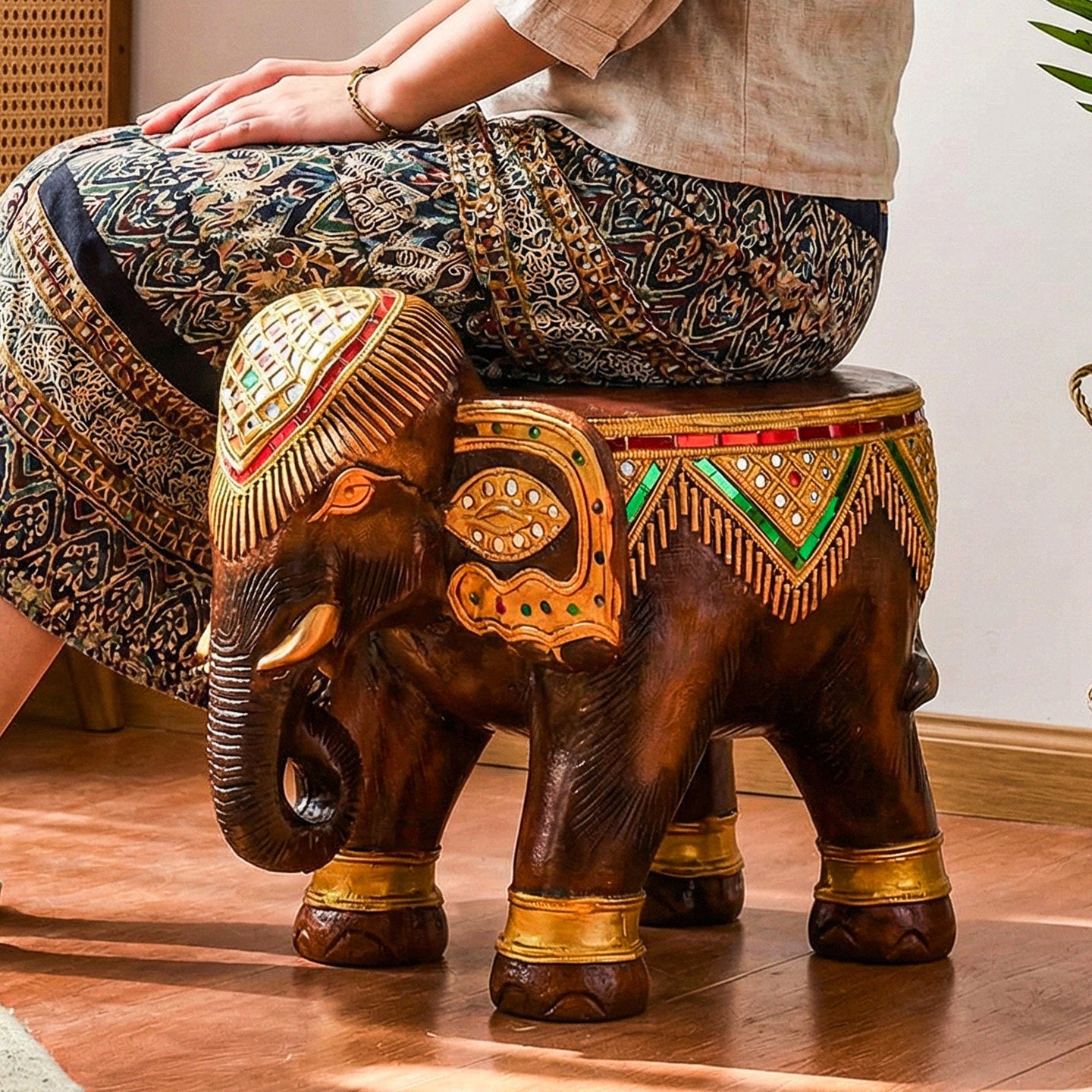 Hand-Carved Solid Wood Elephant Stool, Brown and Gold