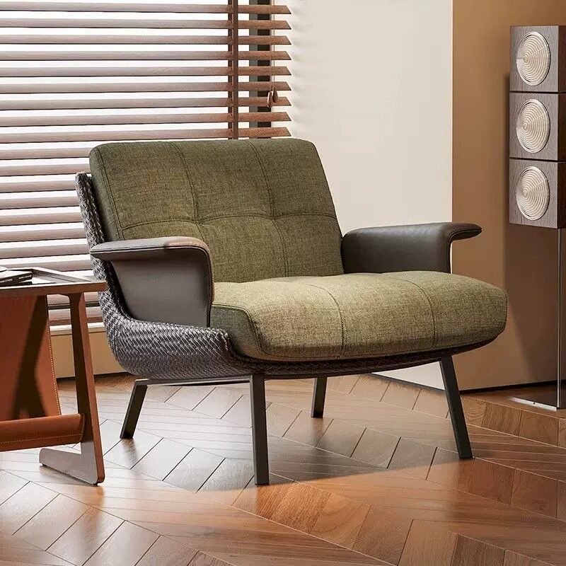 Green Upholstered Accent Chair with Woven Back and Carbon Steel Legs