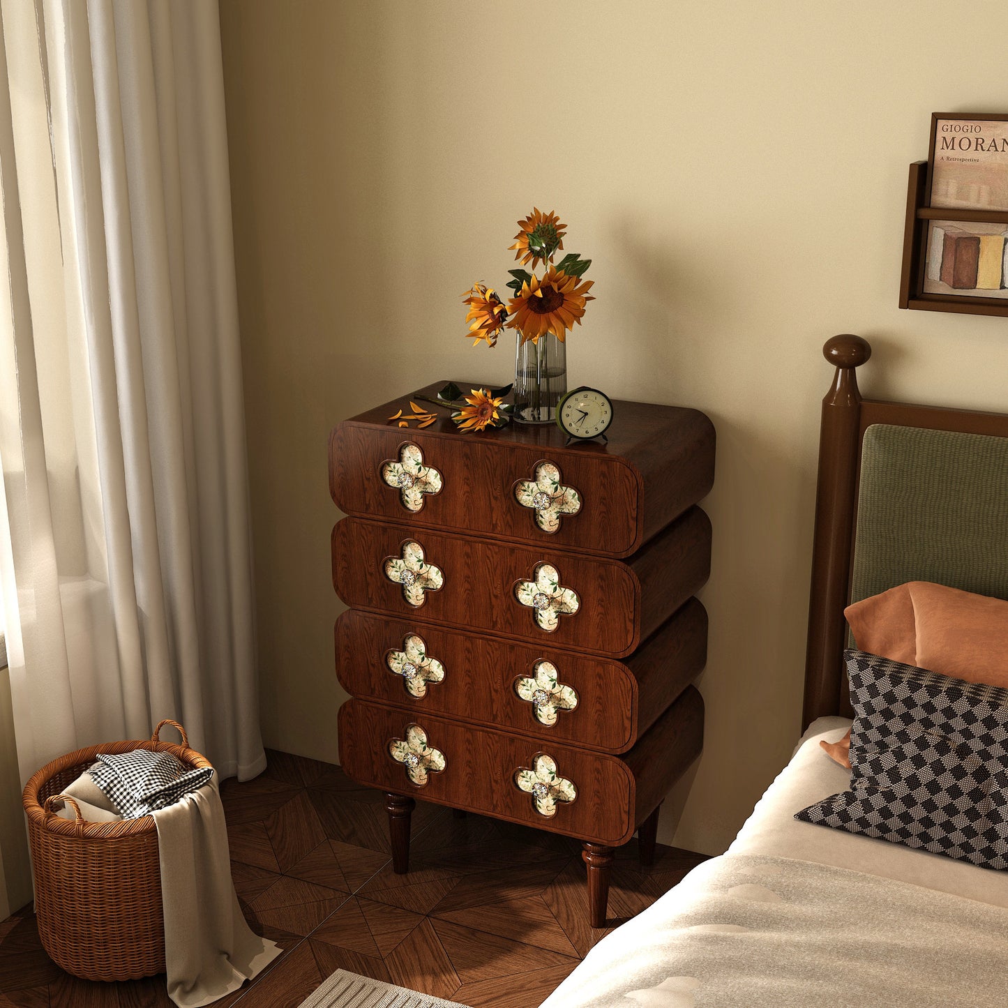 Solid Walnut Wood 8-Drawer Chest, Narrow Dresser with Floral Quatrefoil Inlay Pulls, Tall Storage Cabinet for Bedroom, Nursery, Living Room or Entryway