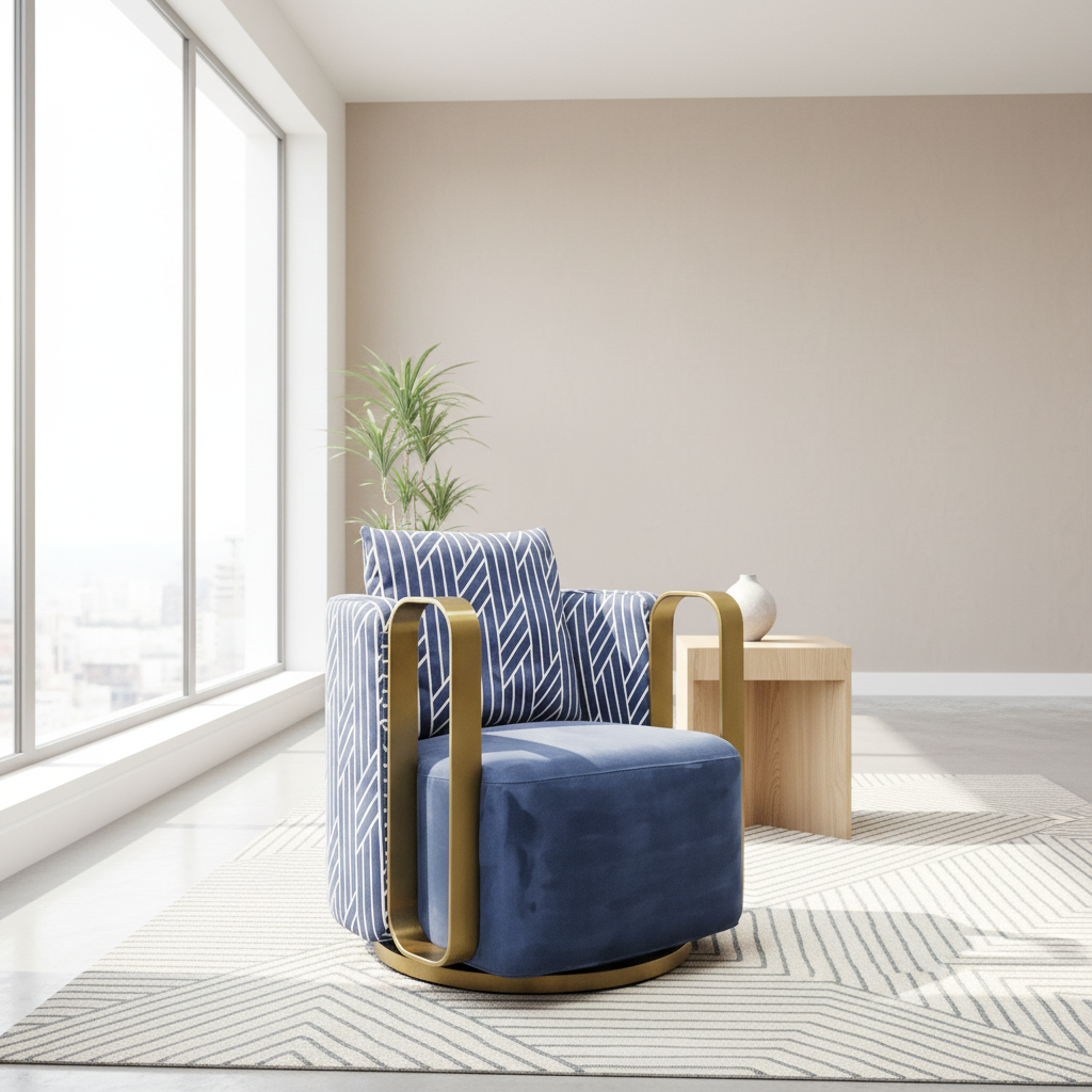 Blue Velvet Swivel Accent Chair with Gold Metal Arms for Living Room