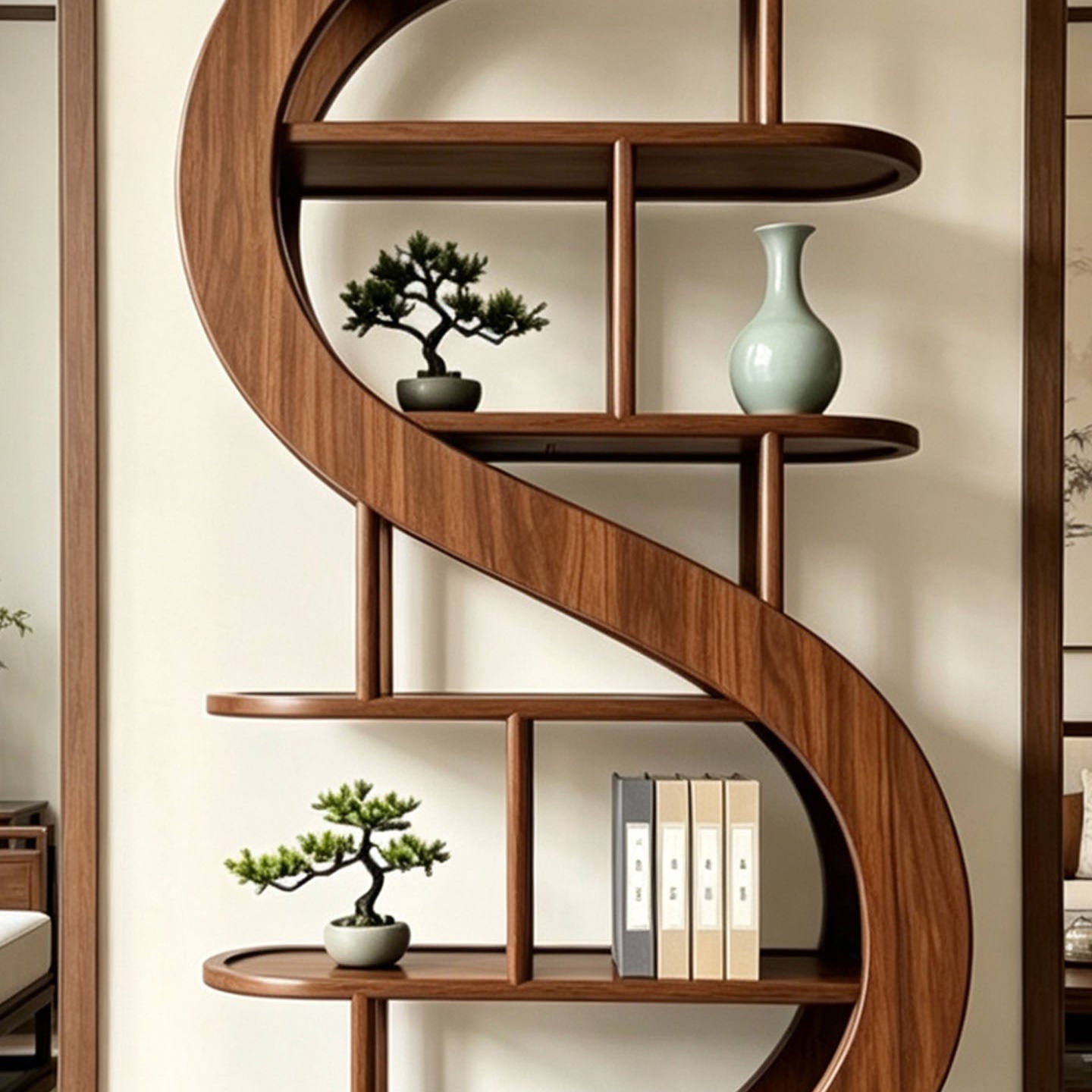 Solid Ash Wood Display Shelf with Storage Cabinet, Modern Curved Open Bookcase, Freestanding Room Divider Display Rack, Walnut Finish Decorative Shelving Unit for Living Room, Entryway, Office &amp; Home Library