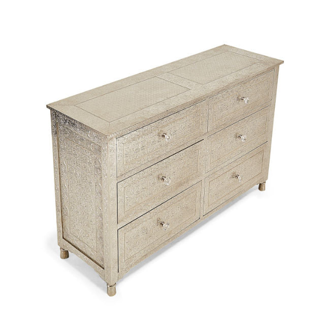 Luxury White Embossed 6 Drawer Dresser Chest Modern Handcrafted Storage Cabinet Elegant Bedroom Chest of Drawers Decorative Living Room Organizer Furniture