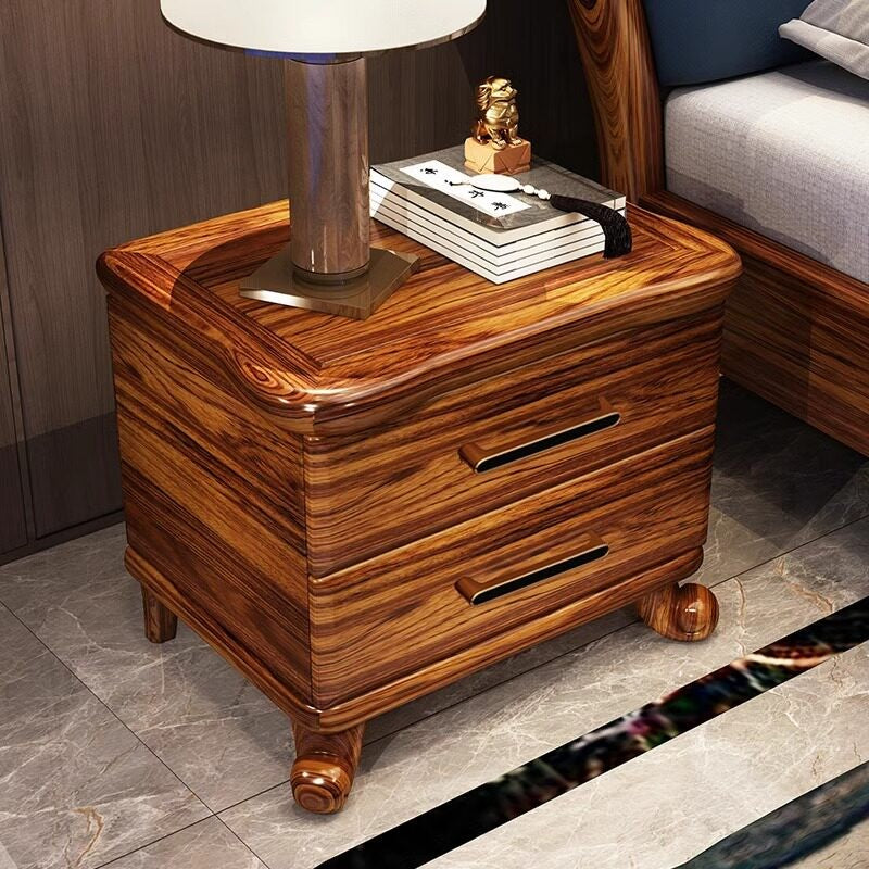 Wenge Wood Nightstand with 2 Drawers and Sculpted Legs