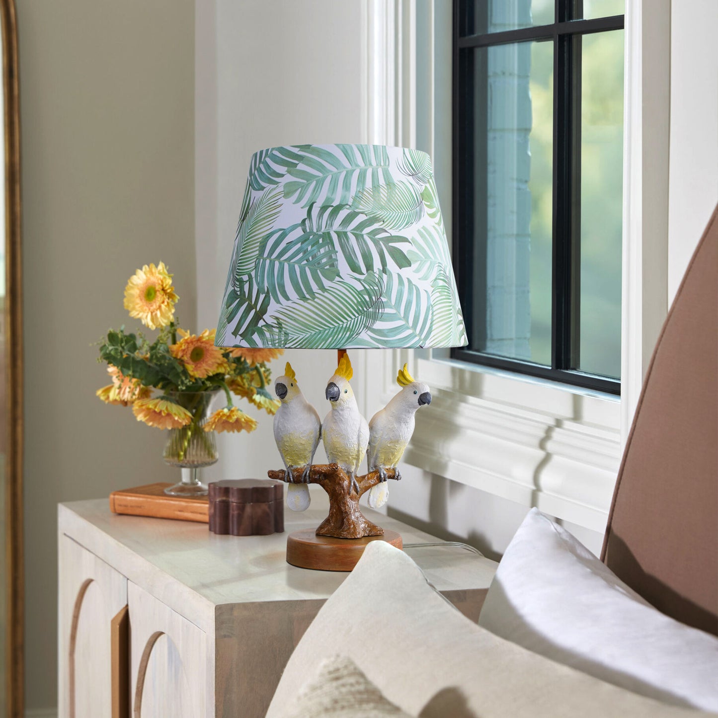 Tropical Bird Table Lamp, Cockatoo Parrot Bedside Lamp with Leaf Print Fabric Shade, Button Switch and Two-Pin Plug for Bedroom, Kids Room, Study, Nightstand and Hotel Decor