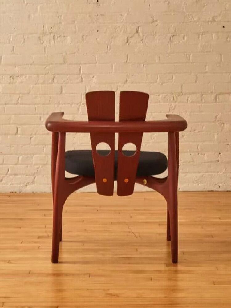 Walnut Solid Wood Accent Dining Armchair, Modern Sculptural Dining Chair with Black Velvet Upholstered Seat, Curved Arms, Cutout Backrest, Artistic Side Chair for Dining Room, Living Room, Reception Area