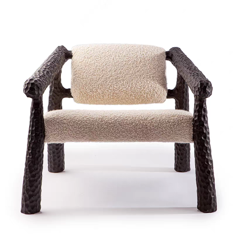 Solid Wood Accent Chair with Boucle Upholstery, Sculptural Carved Armchair, Modern Rustic Lounge Chair for Living Room, Bedroom, Reading Nook, Hotel and Study