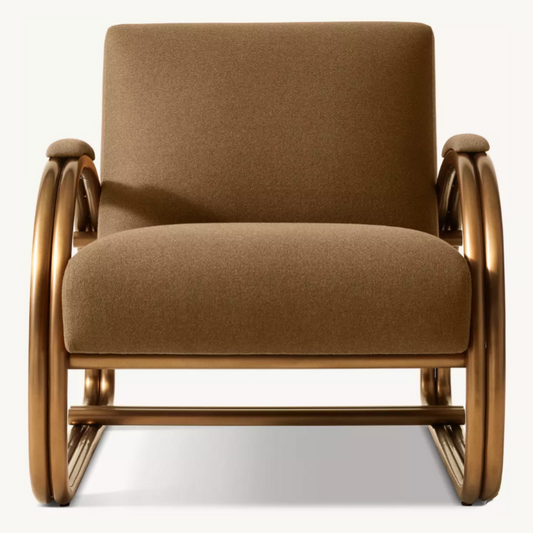 Brown Upholstered Accent Chair, Deep Lounge Armchair with Curved Bronze-Tone Frame for Living Room, Hotel, Villa, Bedroom, Reception Seating