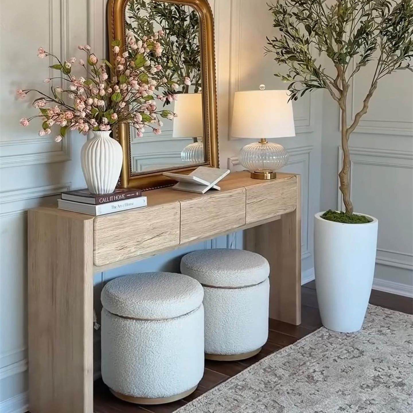 Natural Wood Console Table with 3 Drawers, Solid Wood Entryway Table, Nordic Modern Sofa Table, Narrow Hallway Accent Table for Living Room, Foyer, Bedroom, Behind Couch