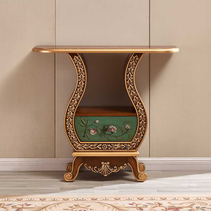 Solid Wood Console Cabinet with Drawer, Green Floral Accent Table