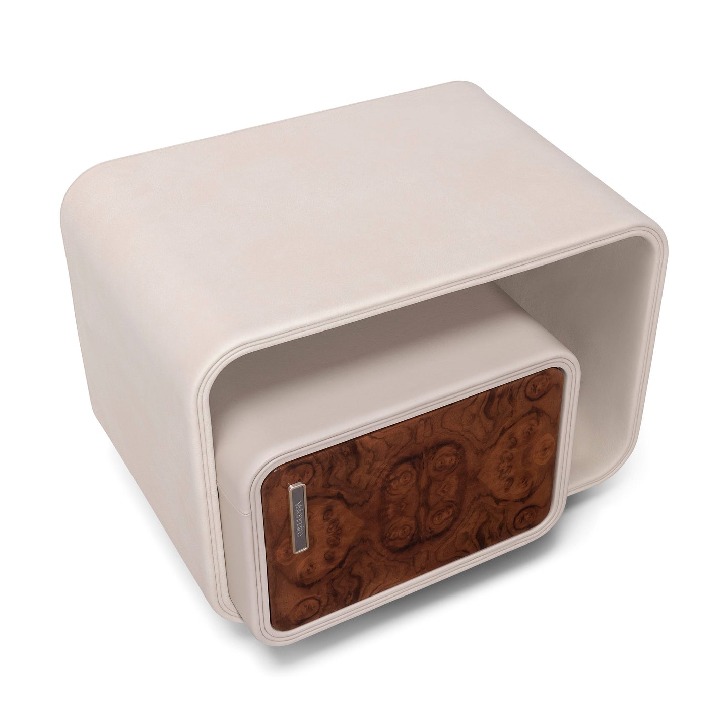 Cream Leather Nightstand with Burl Wood Drawer and Open Shelf