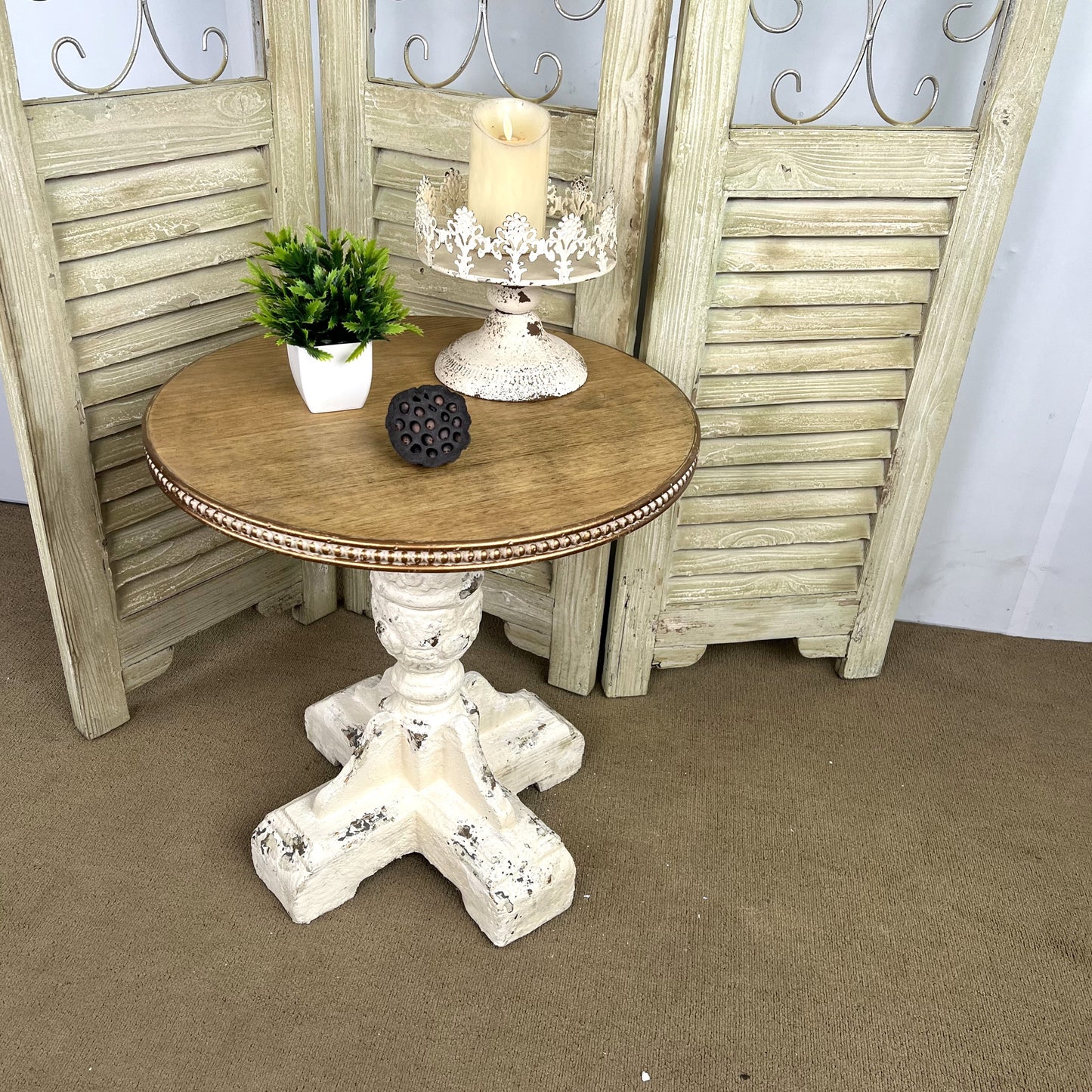 Distressed Round Wood Side Table with Carved Pedestal Base