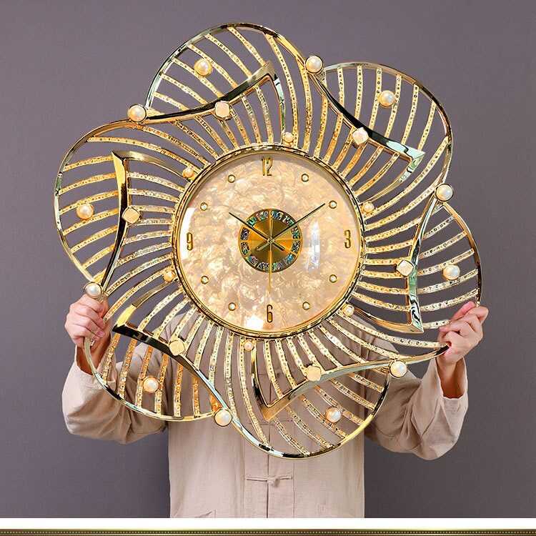 Large Gold Floral Wall Clock, Silent Mother of Pearl Dial, 34.3 Inch