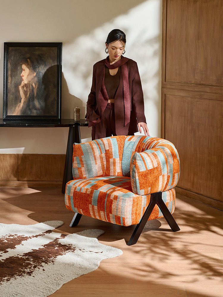 Orange Chenille Accent Chair, Mid-Century Modern Upholstered Lounge Chair with Ash Wood Legs, Nordic Single Sofa Chair for Living Room, Bedroom and Balcony