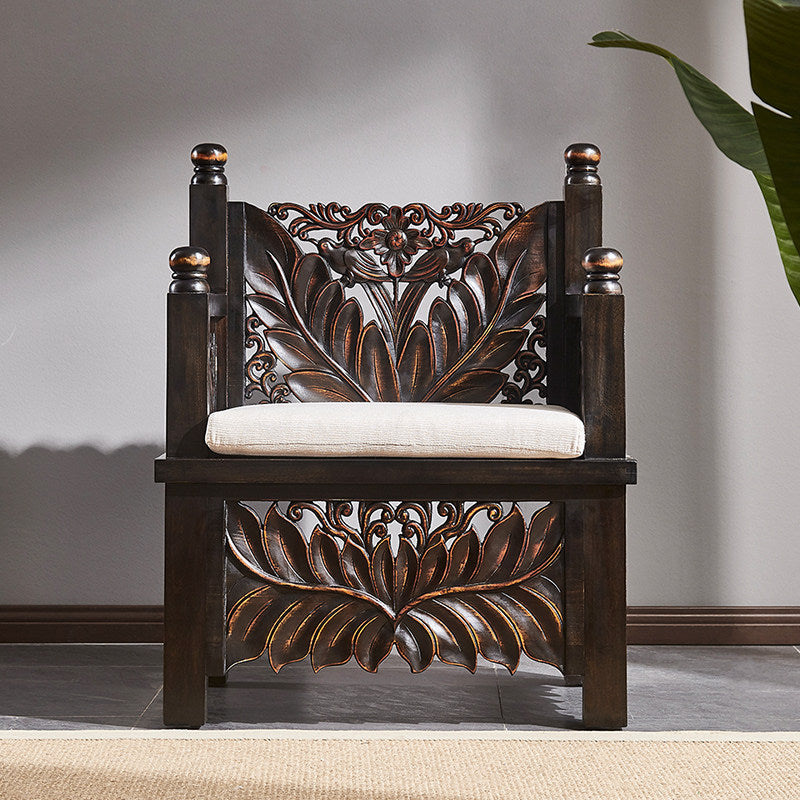 Dark Brown Solid Wood Accent Chair, Ornate Lotus Carved High-Back Armchair with Upholstered Seat Cushion, Traditional Statement Chair for Living Room, Bedroom, Entryway and Lounge