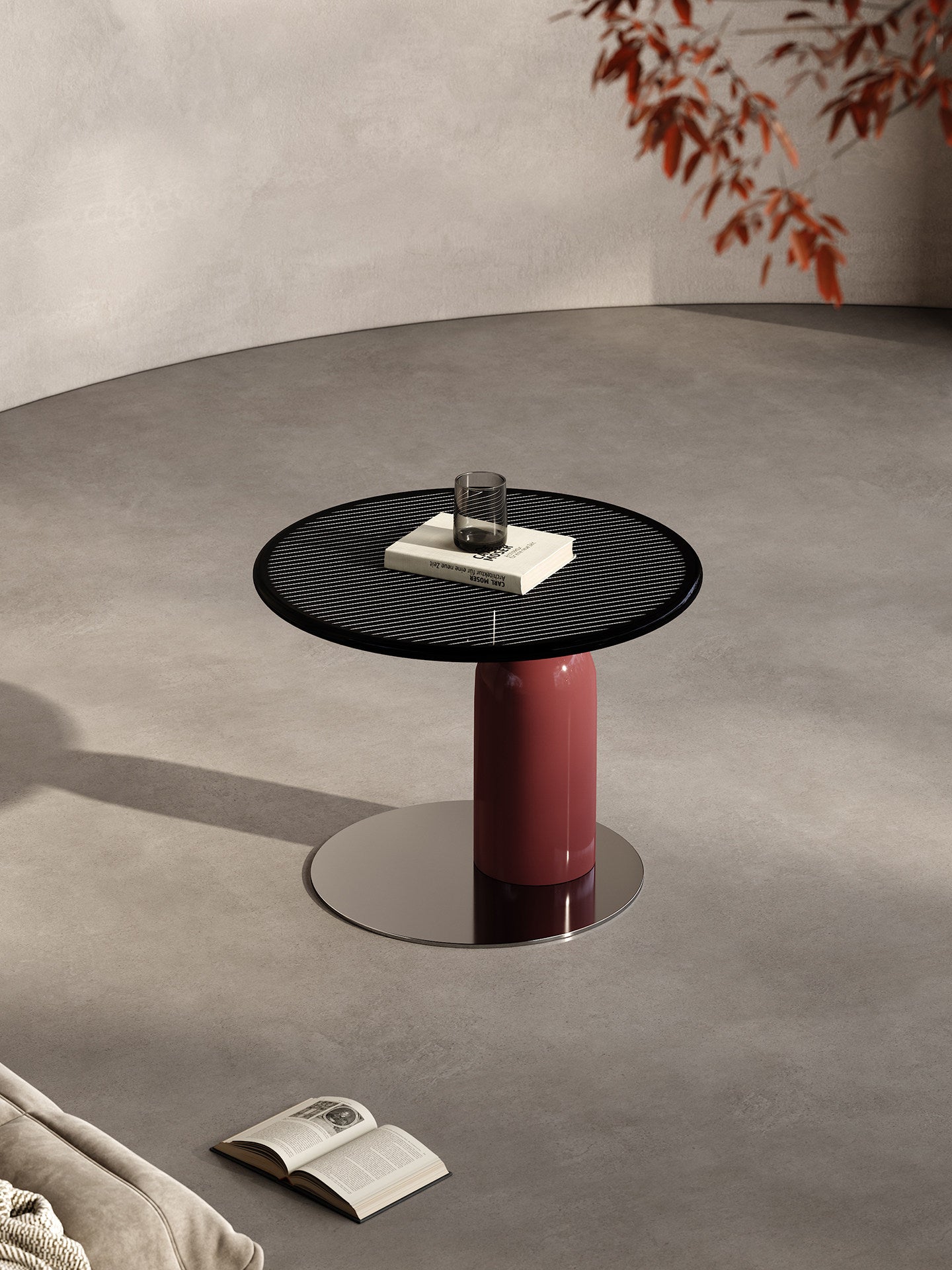 Modern Round Side Table, High Gloss Piano Lacquer Accent Table with Black Top and Red Pedestal Base, Small Sofa End Table for Living Room, Bedroom, Lounge, Apartment