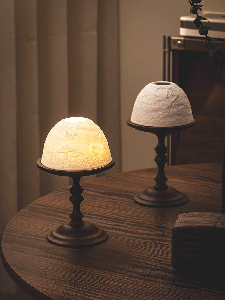 Black Walnut Candle Holder with Embossed Dome Shade, 7.6 Inch Table Decor