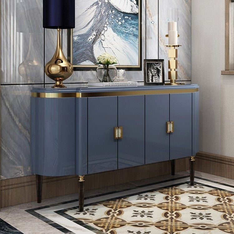 Blue Gray 4-Door Sideboard Cabinet with Gold Accents and Curved Ends