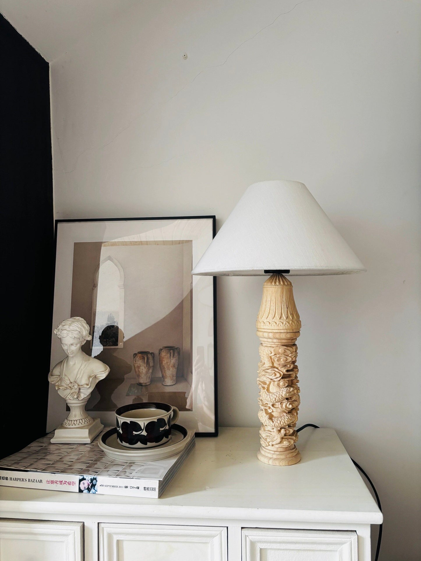 Carved Solid Wood Table Lamp with White Fabric Shade, App Remote Control Bedside Lamp, Dragon Carved Decorative Nightstand Lamp for Bedroom Living Room Study Hotel Decor